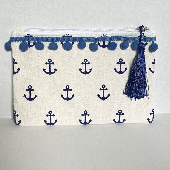Anchor Pouch PomPom Canvas Navy Blue Nautical Print Zippered Storage Travel Bag - Picture 2 of 4